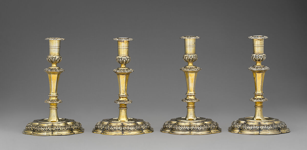 Candlestick (part of a set of four), (Johann) Daniel Schäffler I (1659–1727, master 1701), Silver gilt, German, Augsburg
