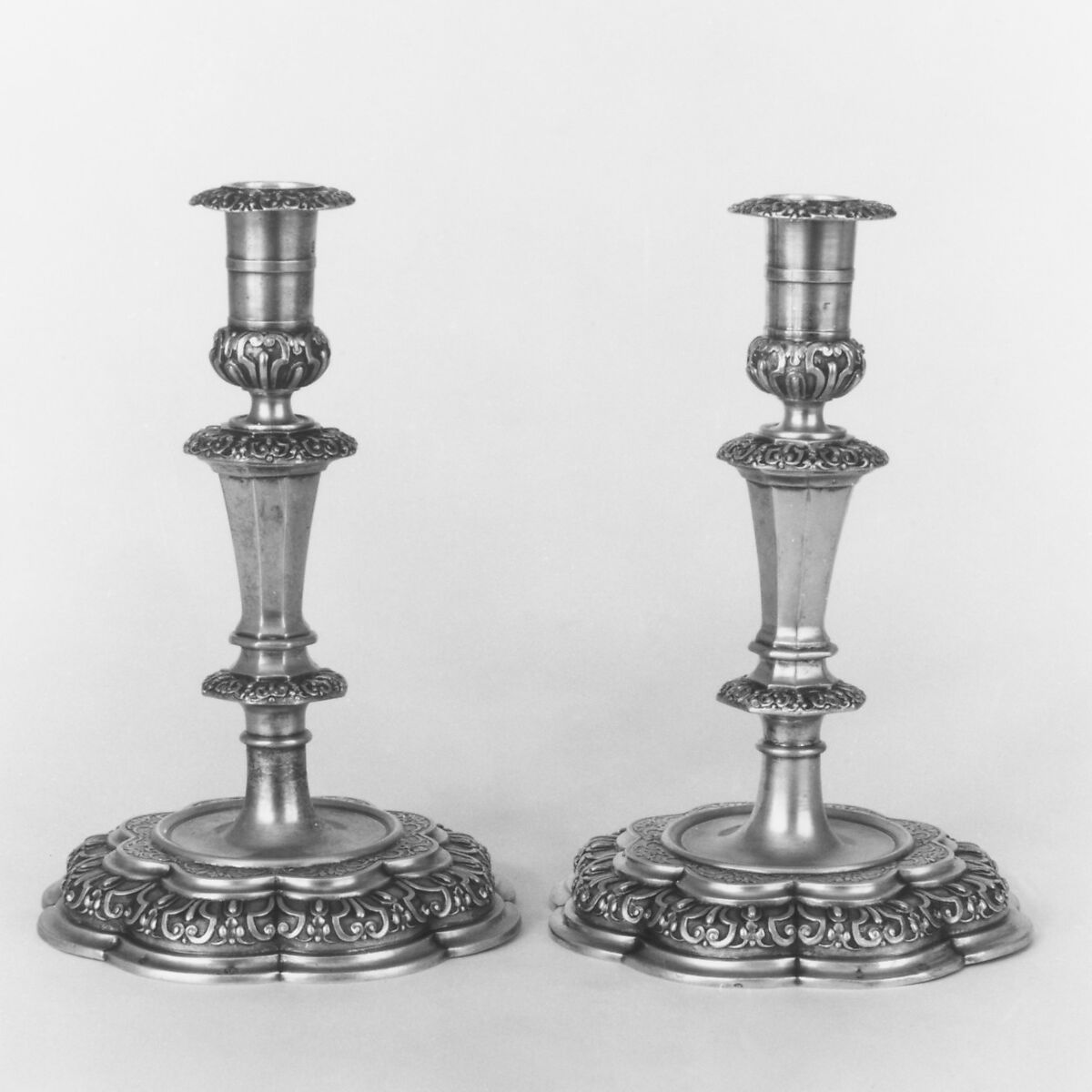 Candlestick (part of a set of four), (Johann) Daniel Schäffler I (1659–1727, master 1701), Silver gilt, German, Augsburg