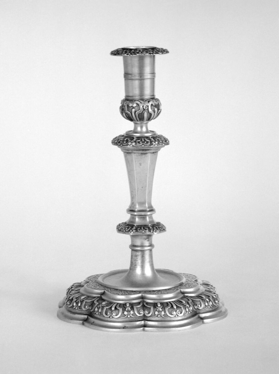 Candlestick (part of a set of four), (Johann) Daniel Schäffler I (1659–1727, master 1701), Silver gilt, German, Augsburg 
