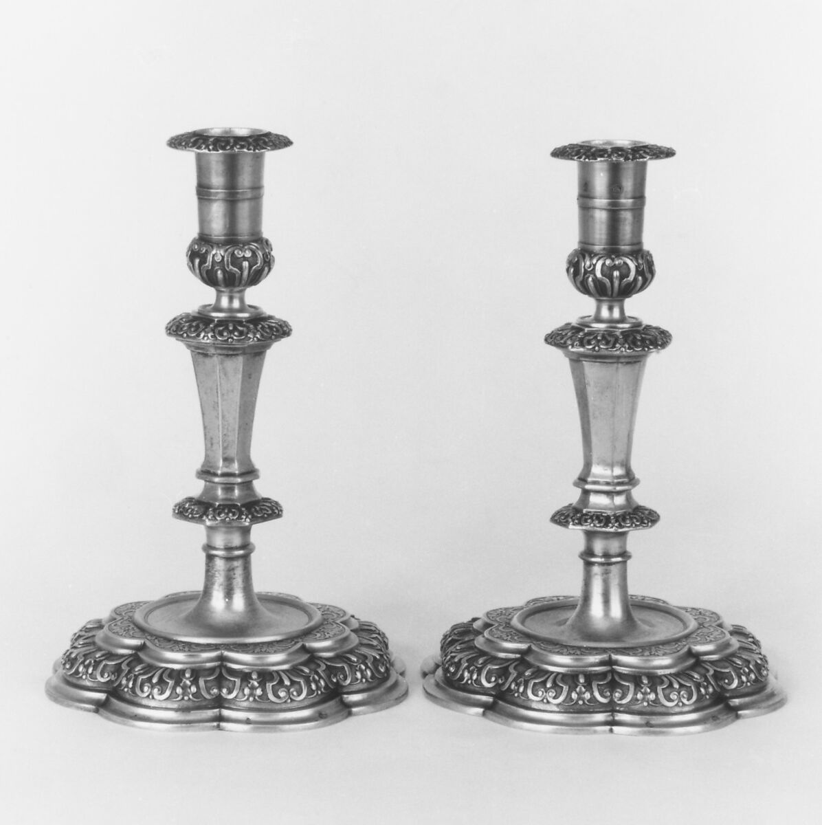 Candlestick (part of a set of four), (Johann) Daniel Schäffler I (1659–1727, master 1701), Silver gilt, German, Augsburg 