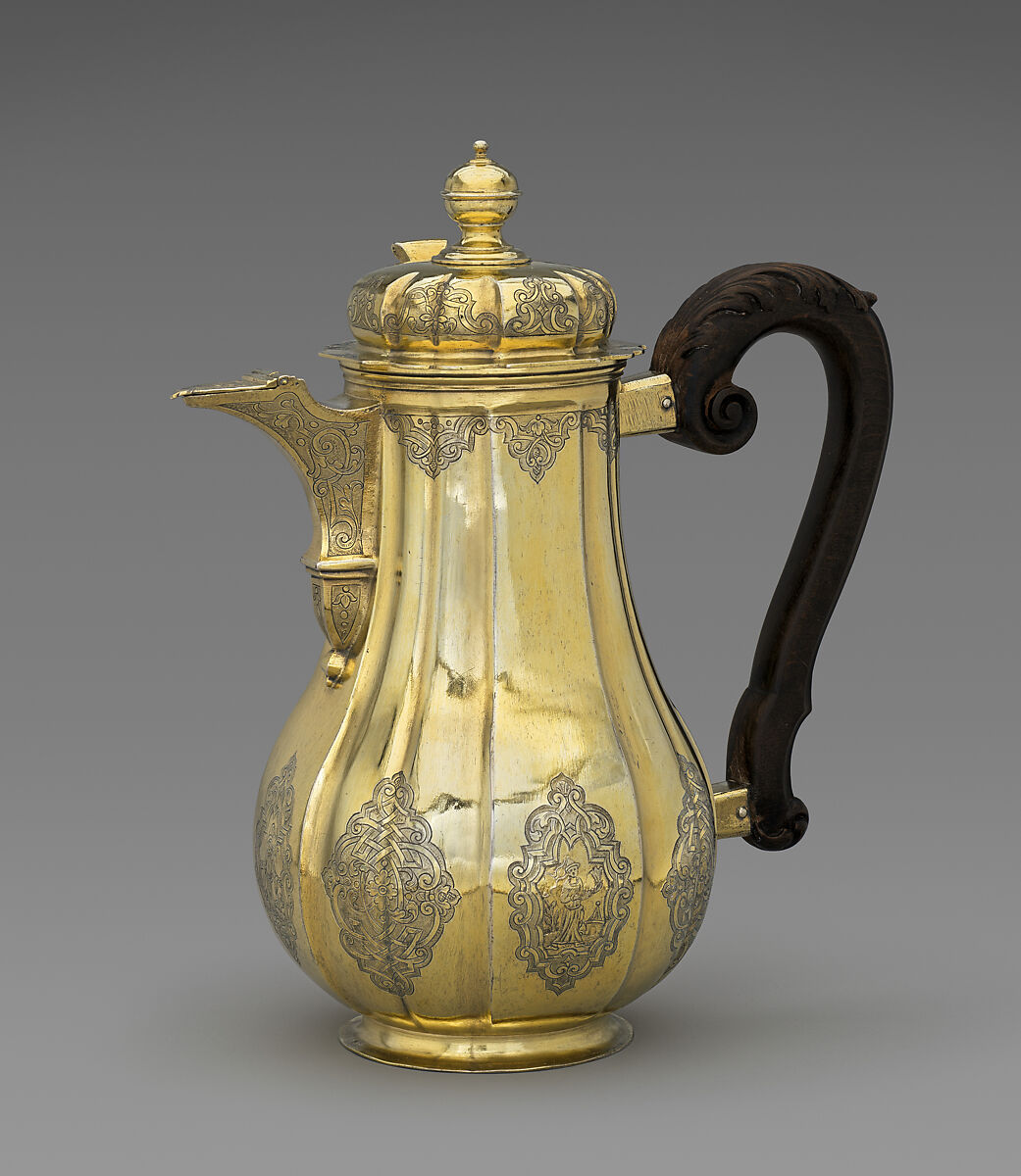 Chocolate pot, Esaias Busch III (German, 1676–1759, master 1704), Gilt silver, wood, German, Augsburg