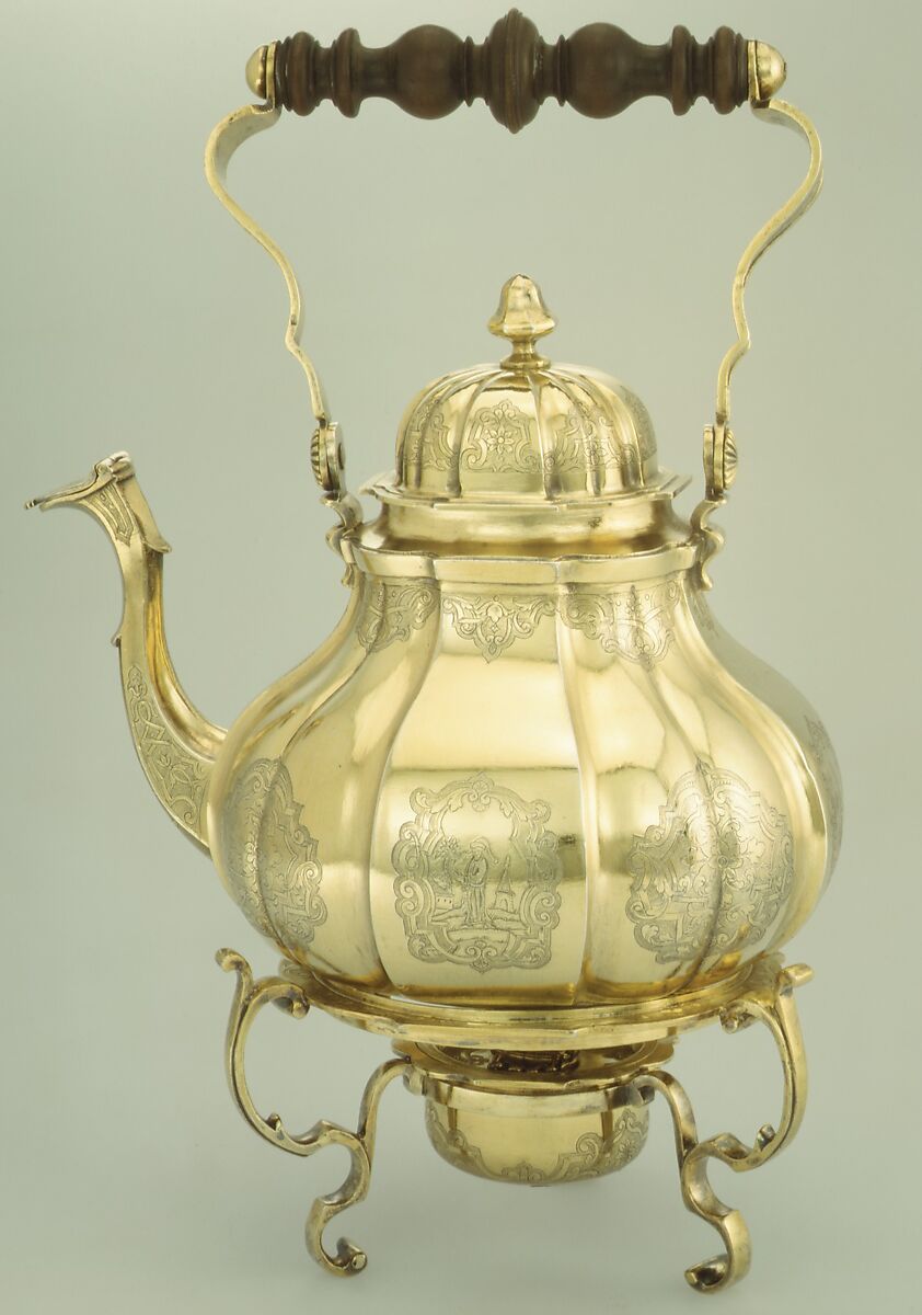Kettle and lamp stand, Esaias Busch III (German, 1676–1759, master 1704), Silver gilt, German, Augsburg 