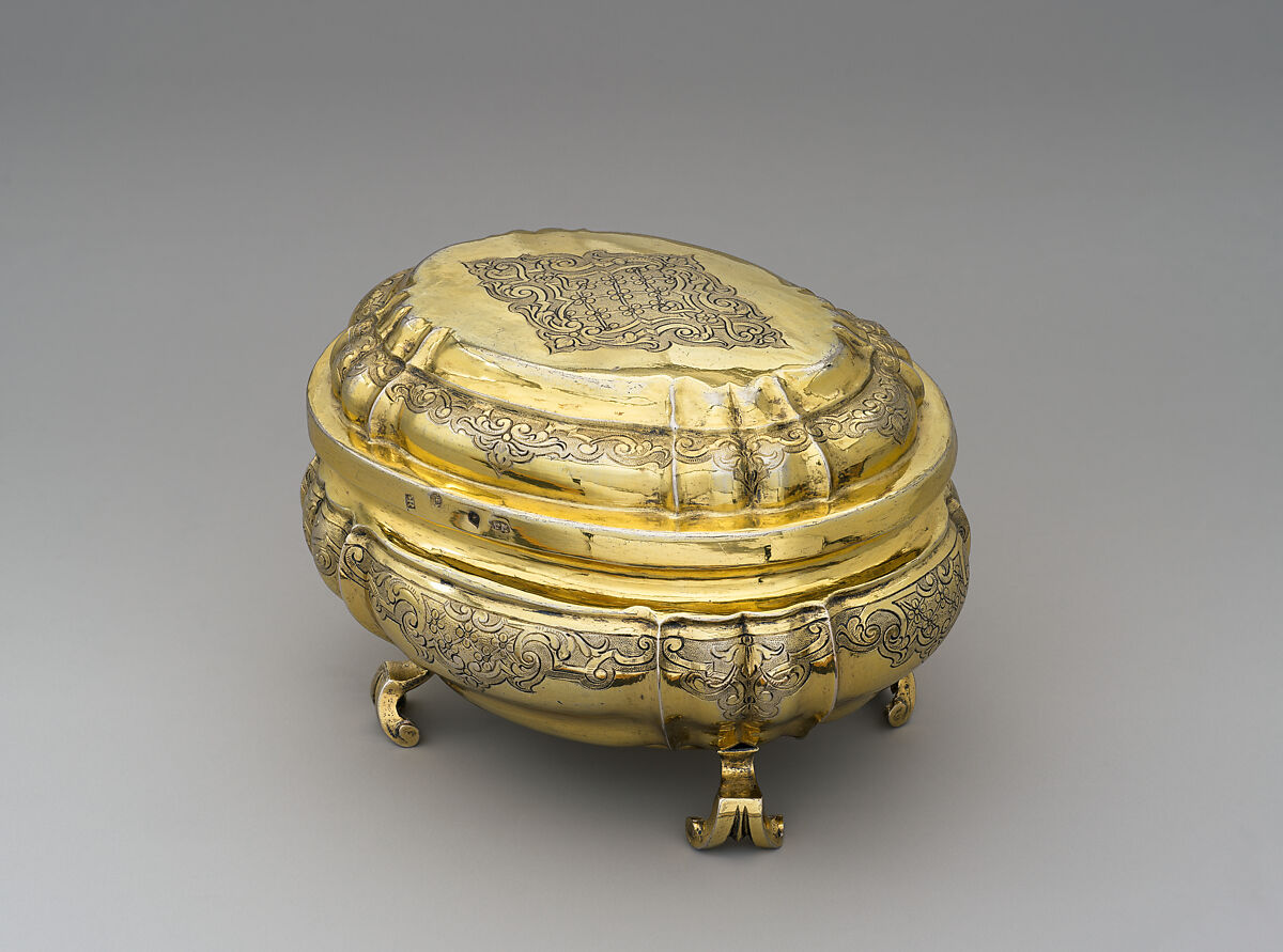 Sugar box with cover, Tobias Remshardt (ca. 1691–1738, master 1721), Silver gilt, German, Augsburg