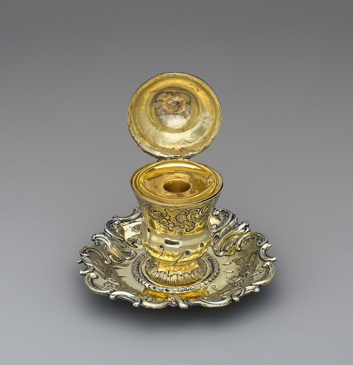Urn-shaped inkwell with cover on stand, Abraham Drentwett IV (1711–1785, master 1741), Silver gilt; glass, German, Augsburg