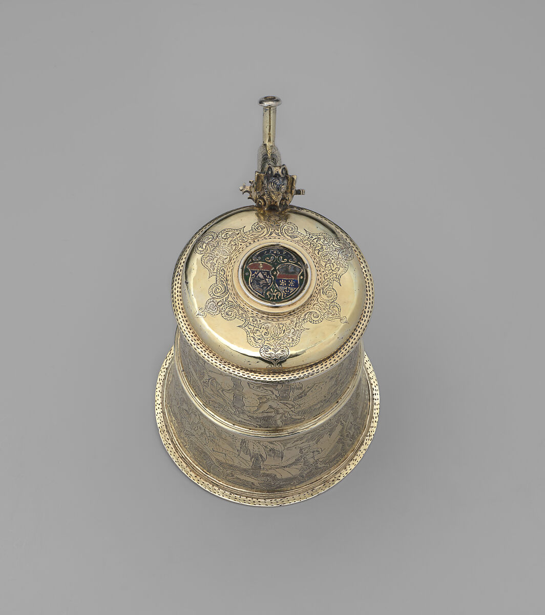 Puzzle tankard (Vexierkrug), Gilded, engraved, and enameled silver, German, Regensburg
