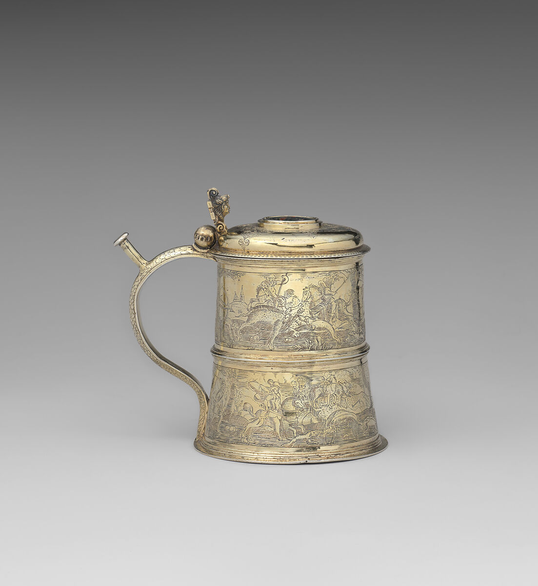 Puzzle tankard (Vexierkrug), Gilded, engraved, and enameled silver, German, Regensburg 