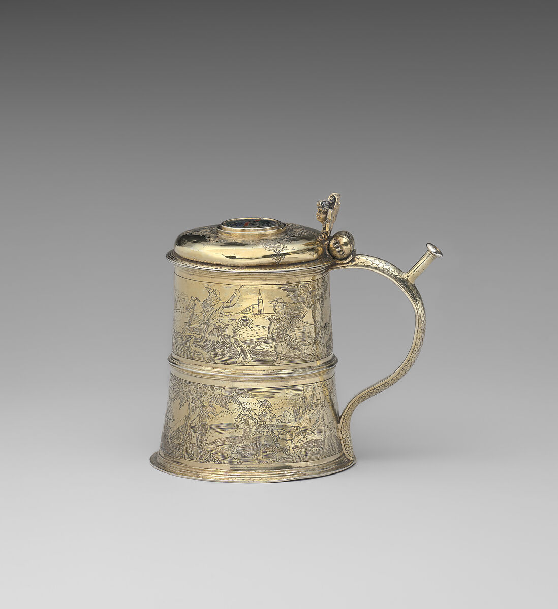 Puzzle tankard (Vexierkrug), Gilded, engraved, and enameled silver, German, Regensburg