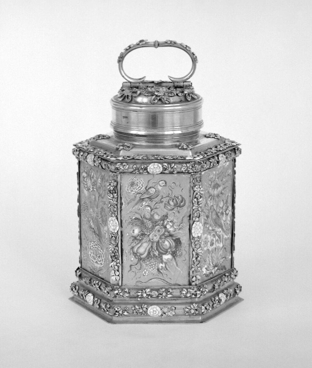 Hexagonal canister (Schraubflasche), Jonas Laminit (master ca. 1650, died 1690), Silver gilt, enamel, German, Augsburg 