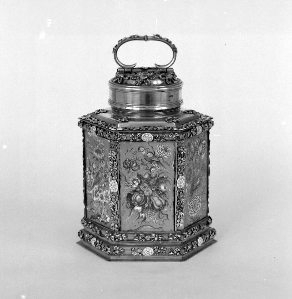 Hexagonal canister (Schraubflasche), Jonas Laminit (master ca. 1650, died 1690), Silver gilt, enamel, German, Augsburg