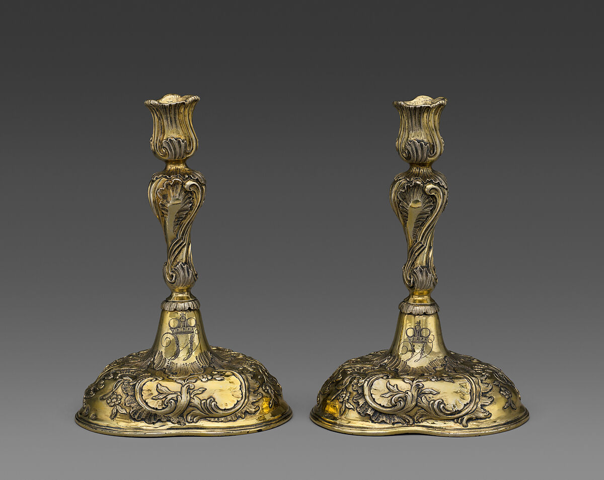 Candlestick (one of a pair), Possibly by Johann Martin Satzger I (ca. 1707–1785, master 1737), Silver gilt, German, Augsburg