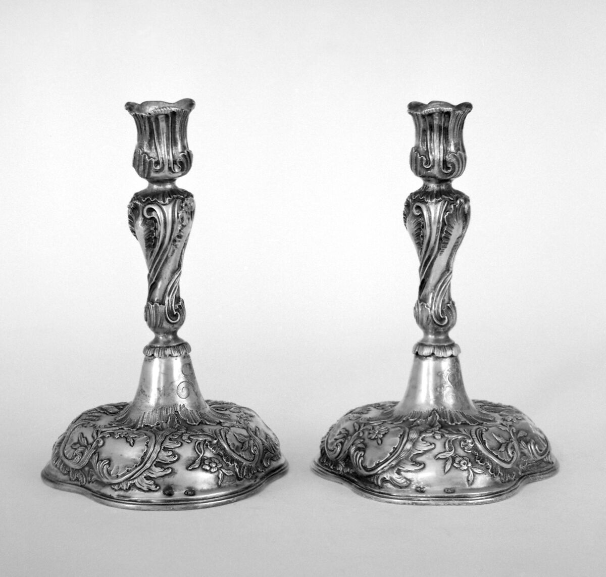 Candlestick (one of a pair), Possibly by Johann Martin Satzger I (ca. 1707–1785, master 1737), Silver gilt, German, Augsburg 