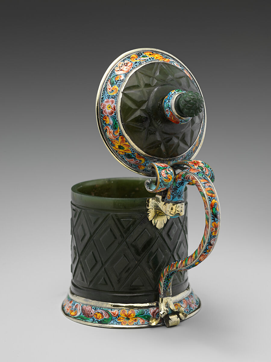 Tankard, Mounts by Johann Heel (1637–1709, master 1668), Jade mounted with silver gilt and painted enamel, German, Nuremberg