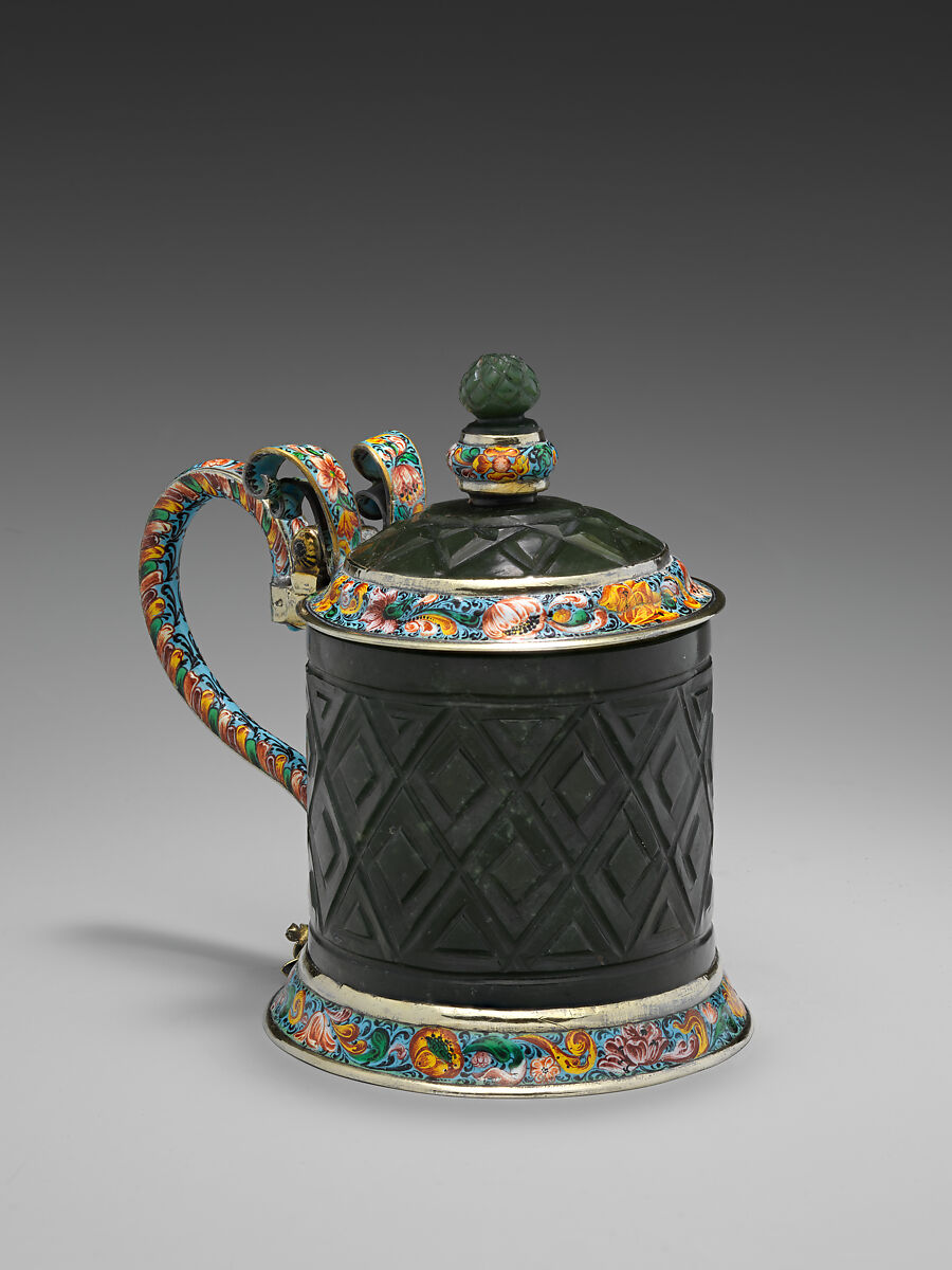 Tankard, Mounts by Johann Heel (1637–1709, master 1668), Jade mounted with silver gilt and painted enamel, German, Nuremberg 