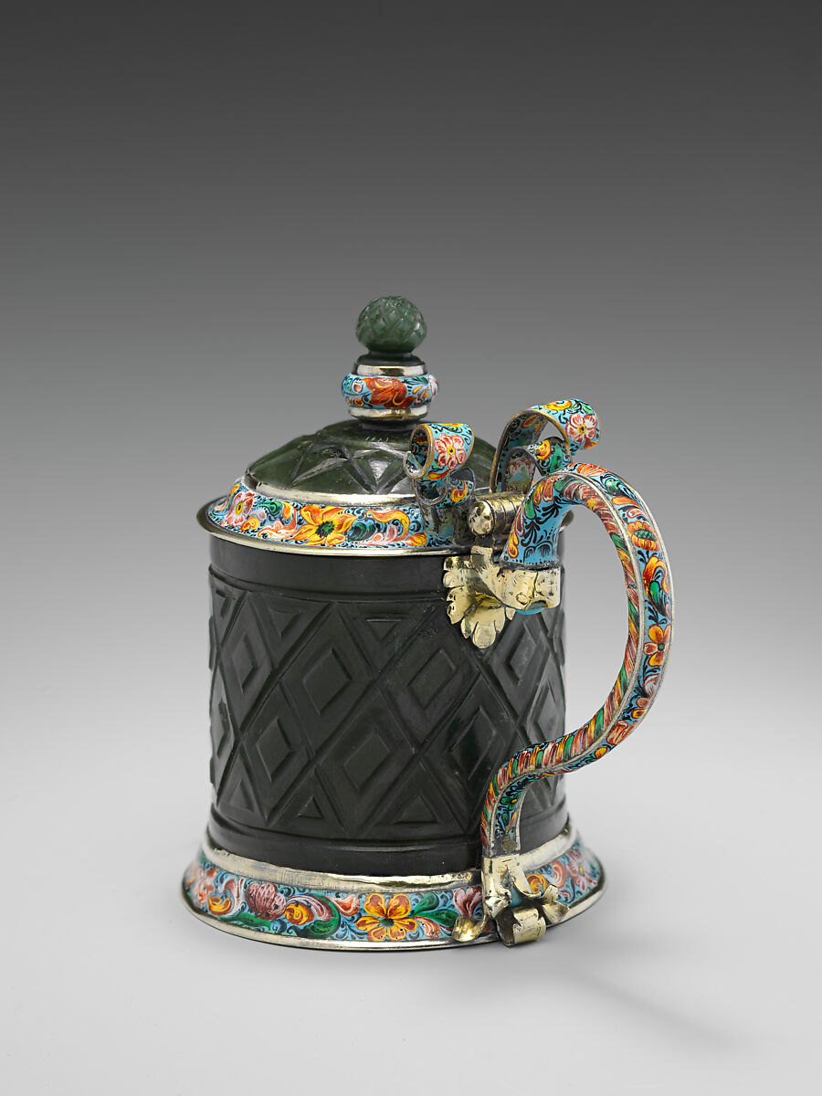 Tankard, Mounts by Johann Heel (1637–1709, master 1668), Jade mounted with silver gilt and painted enamel, German, Nuremberg