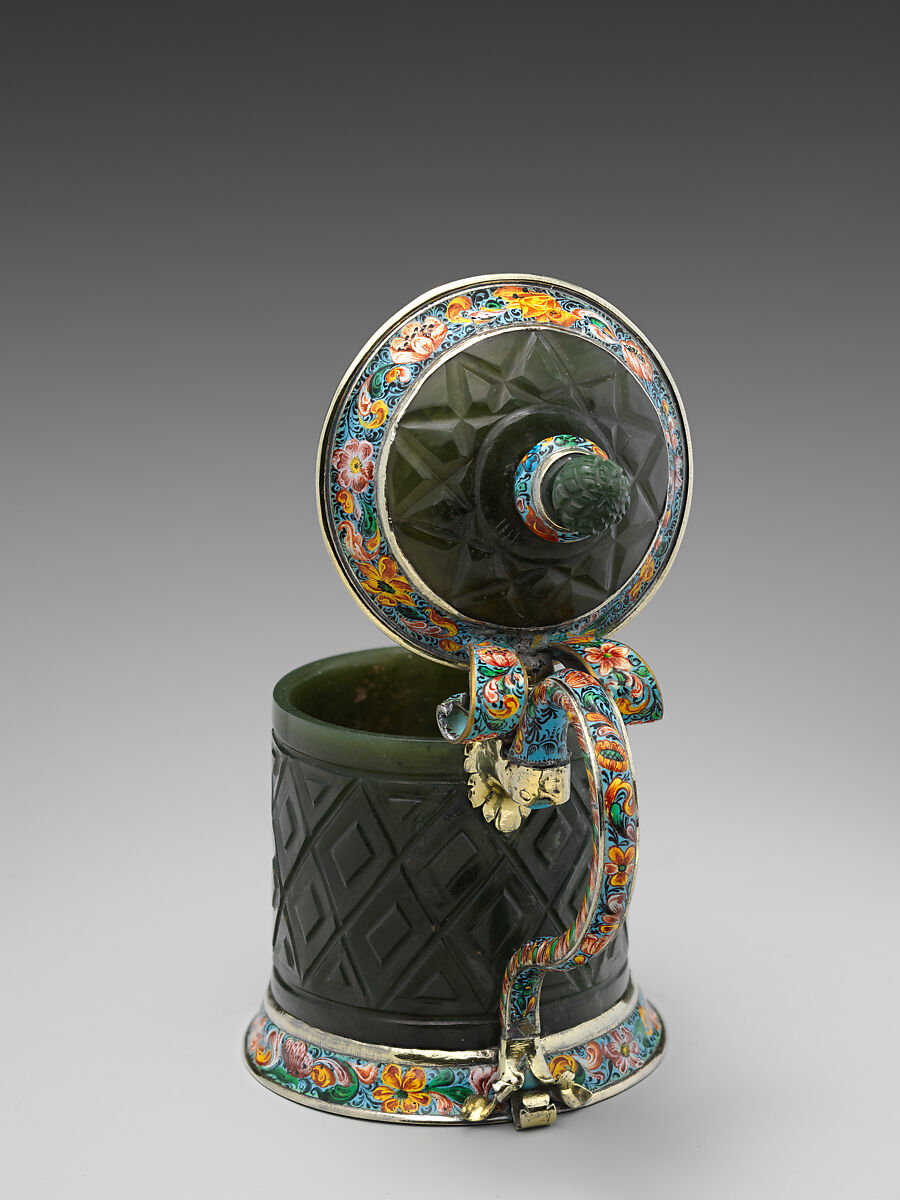 Tankard, Mounts by Johann Heel (1637–1709, master 1668), Jade mounted with silver gilt and painted enamel, German, Nuremberg