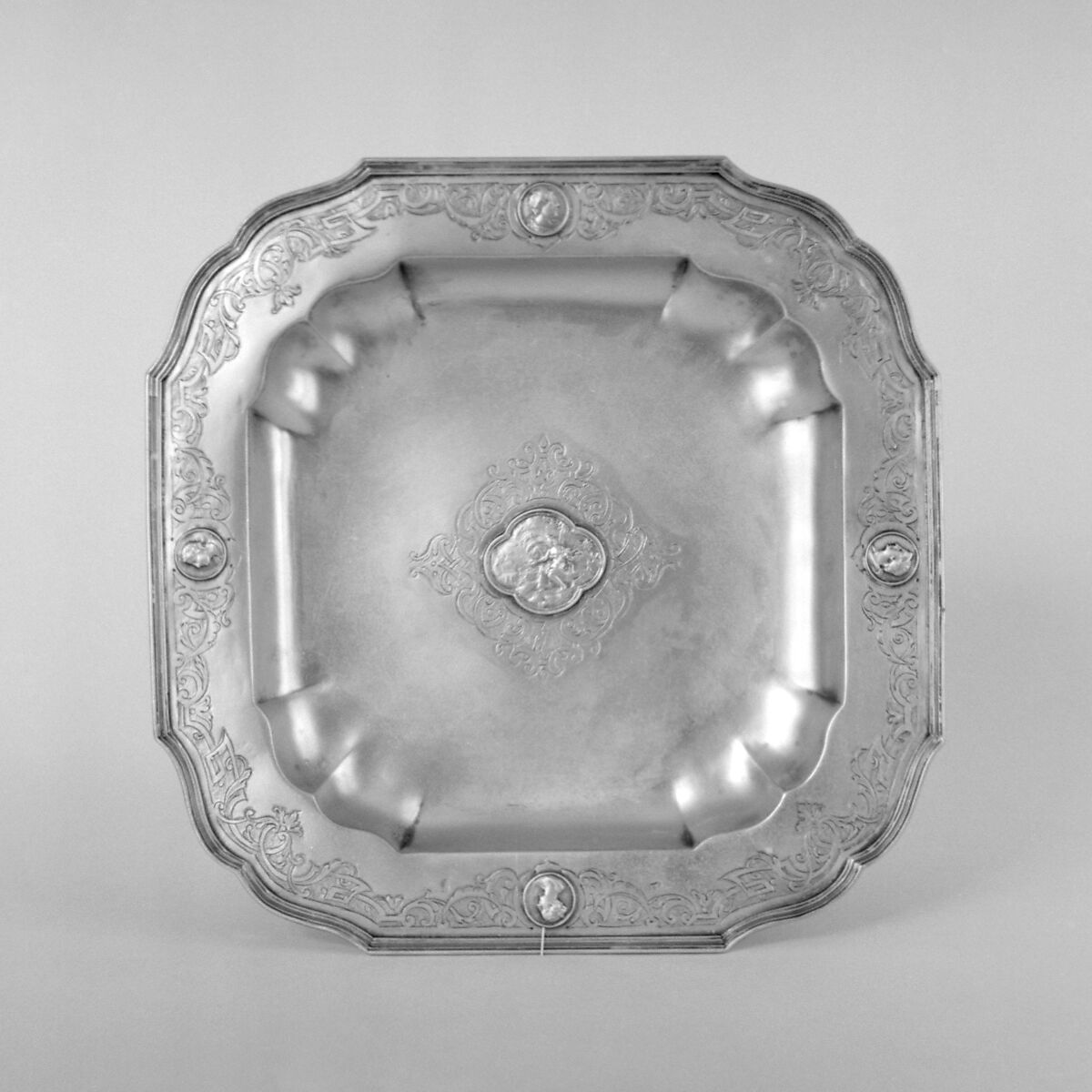 Square salver, Paul Solanier (German, 1635–1724), Silver gilt, German, Augsburg 