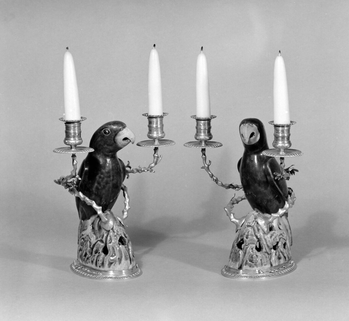 Pair of parrots mounted as two-branch candelabra, Gilt bronze, porcelain, French 