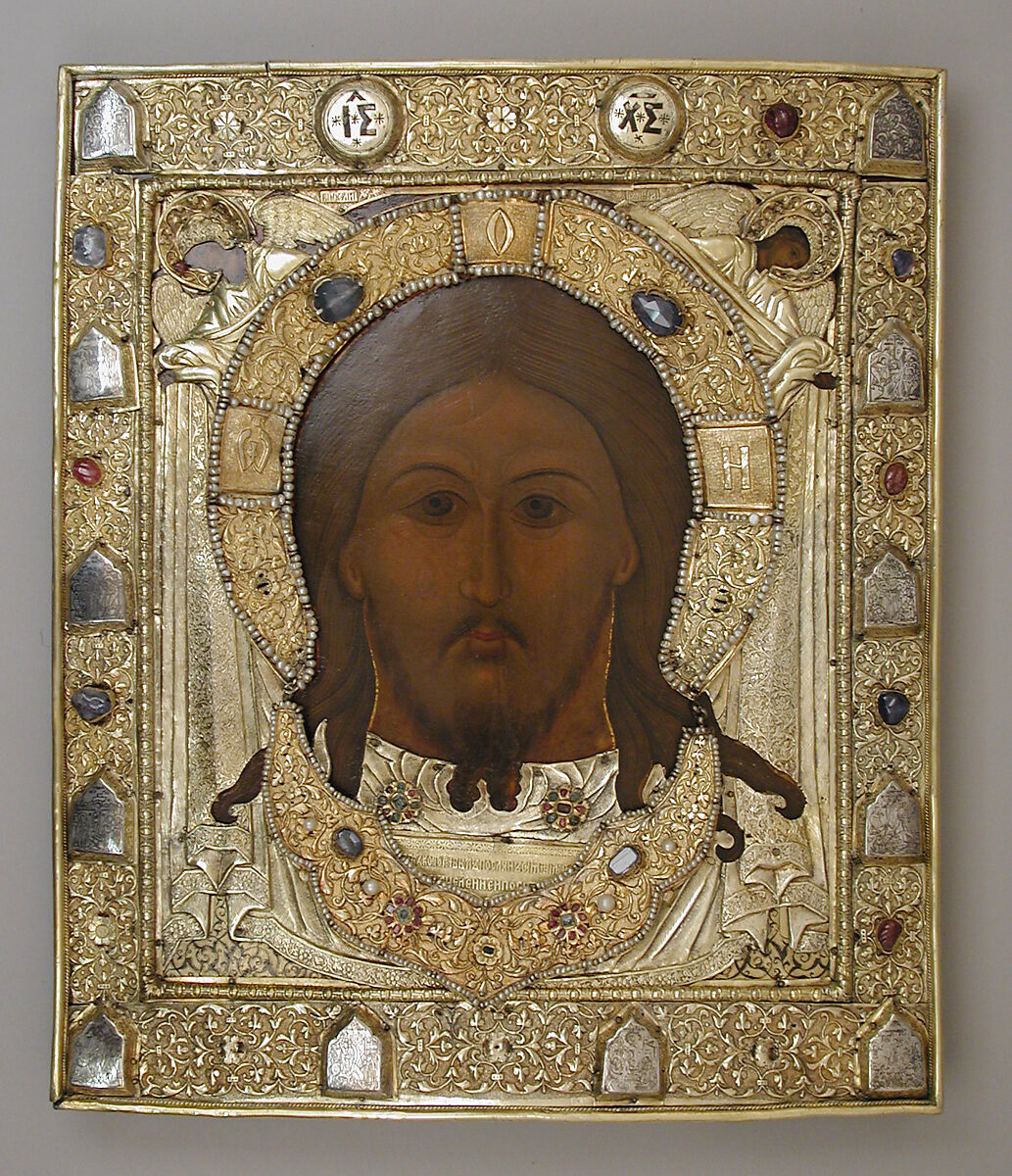 Triptych with the Mandylion, The Kremlin Armory Workshops, Moscow (Russian, Moscow, recorded from 1511–about 1715), Silver, partly gilt, niello, enamel, sapphires, rubies, spinels, pearls, leather, silk velvet, oil paint, gesso, linen, mica, pig-skin, woods: Tilia cordata (basswood or linden), white oak, Russian, Moscow