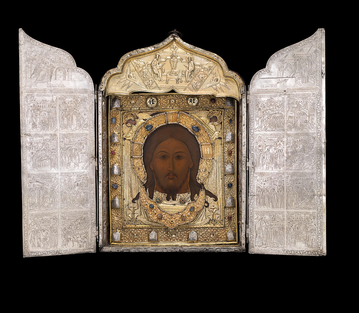 Triptych with the Mandylion, The Kremlin Armory Workshops, Moscow, Silver, partly gilt, niello, enamel, sapphires, rubies, spinels, pearls, leather, silk velvet, oil paint, gesso, linen, mica, pig-skin, woods: Tilia cordata (basswood or linden), white oak, Russian, Moscow 