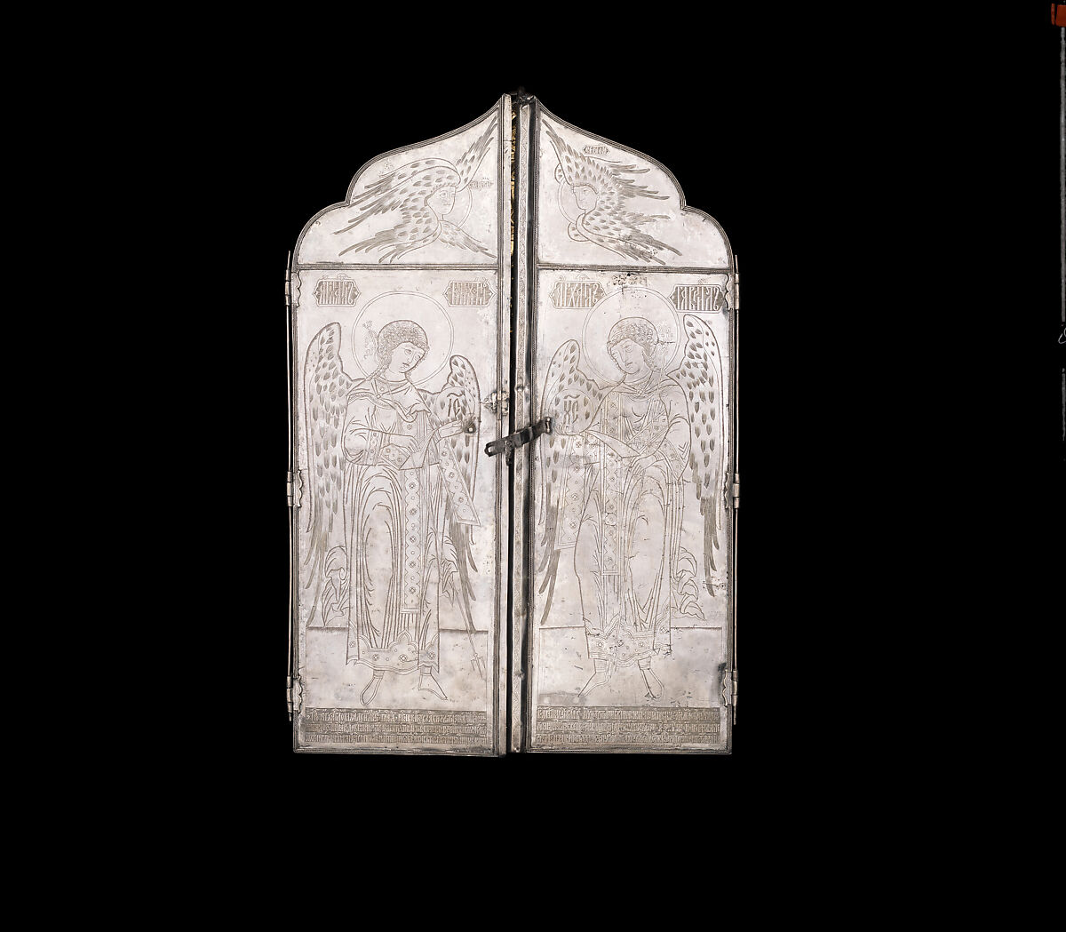 Triptych with the Mandylion, The Kremlin Armory Workshops, Moscow (Russian, Moscow, recorded from 1511–about 1715), Silver, partly gilt, niello, enamel, sapphires, rubies, spinels, pearls, leather, silk velvet, oil paint, gesso, linen, mica, pig-skin, woods: Tilia cordata (basswood or linden), white oak, Russian, Moscow