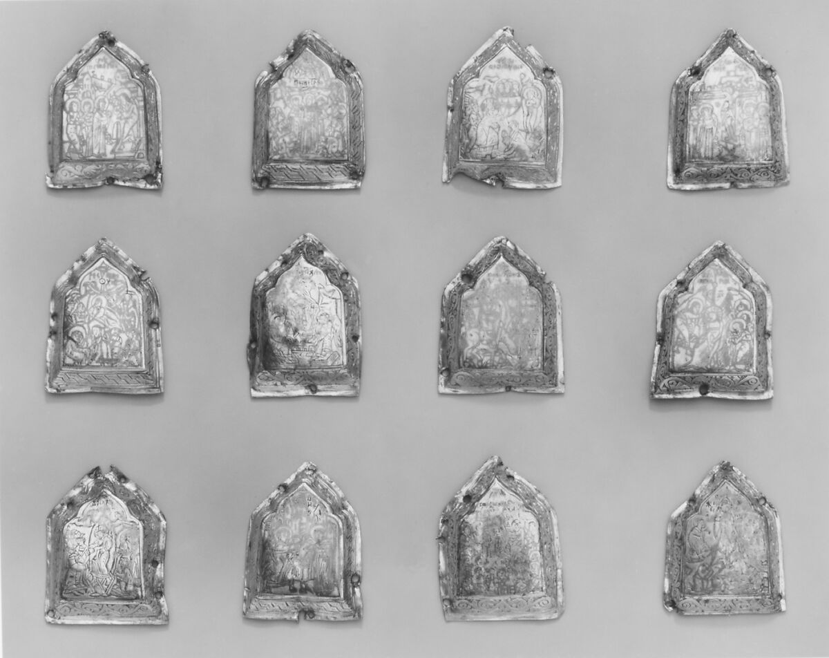 Triptych with the Mandylion, The Kremlin Armory Workshops, Moscow (Russian, Moscow, recorded from 1511–about 1715), Silver, partly gilt, niello, enamel, sapphires, rubies, spinels, pearls, leather, silk velvet, oil paint, gesso, linen, mica, pig-skin, woods: Tilia cordata (basswood or linden), white oak, Russian, Moscow