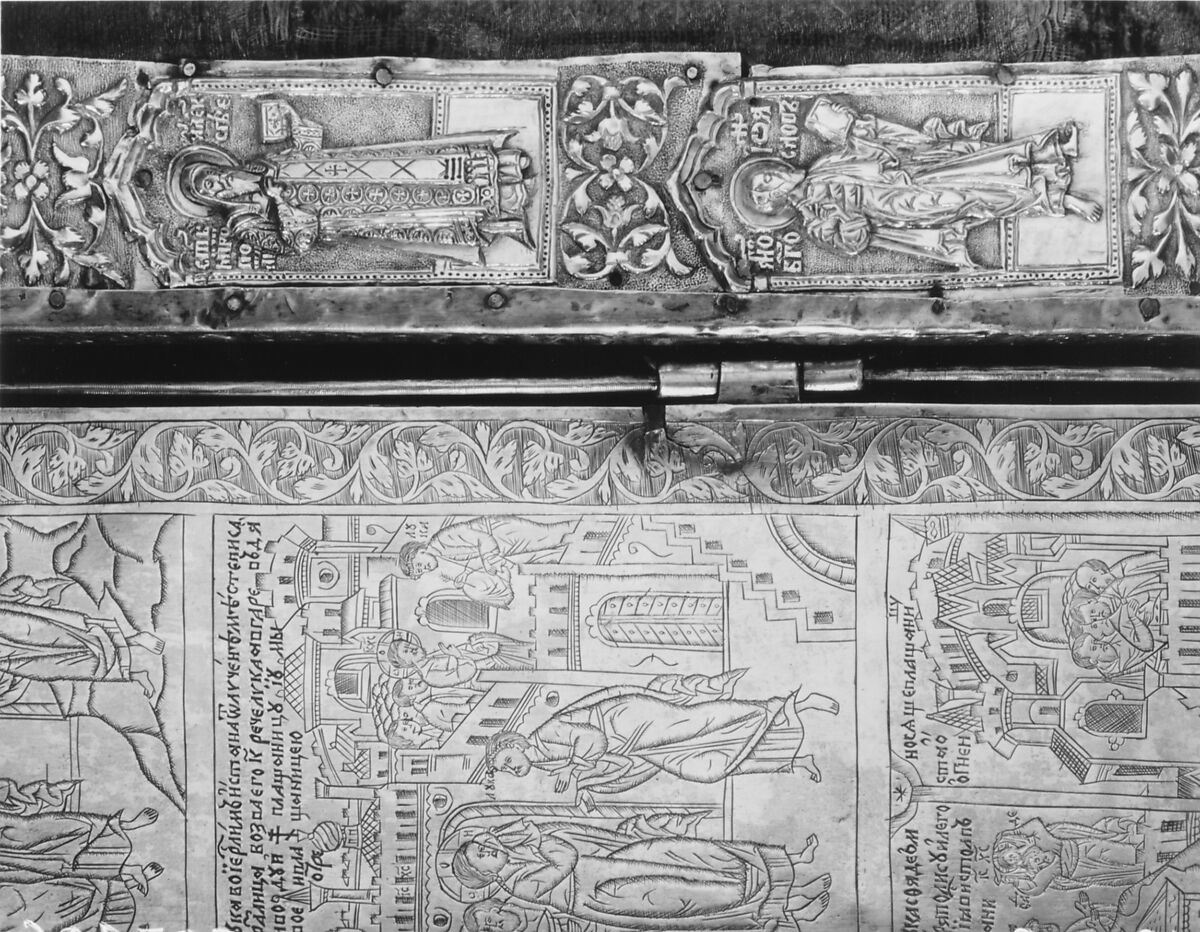 Triptych with the Mandylion, The Kremlin Armory Workshops, Moscow (Russian, Moscow, recorded from 1511–about 1715), Silver, partly gilt, niello, enamel, sapphires, rubies, spinels, pearls, leather, silk velvet, oil paint, gesso, linen, mica, pig-skin, woods: Tilia cordata (basswood or linden), white oak, Russian, Moscow