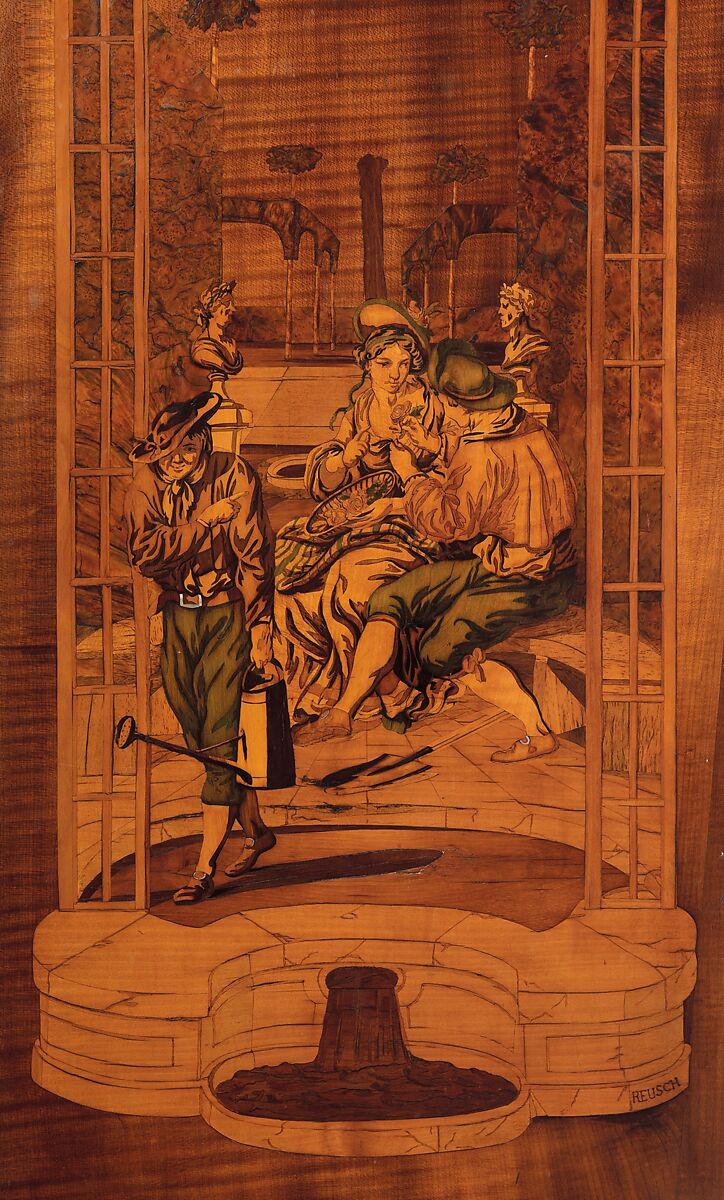 Longcase clock, Clockmaker: Hermann Achenbach (German, born 1730, active before 1759–92), Case: oak veneered with maple, burl woods, holly, and hornbeam (all partly stained), and other woods; mother-of-pearl; gilded bronze; and brass; Dial: partly gilded and partly silvered brass and enameled and painted copper; Movement: brass and steel, German, Neuwied am Rhein