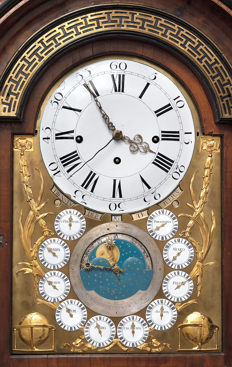 Longcase clock, Clockmaker: Hermann Achenbach (German, born 1730, active before 1759–92), Case: oak veneered with maple, burl woods, holly, and hornbeam (all partly stained), and other woods; mother-of-pearl; gilded bronze; and brass; Dial: partly gilded and partly silvered brass and enameled and painted copper; Movement: brass and steel, German, Neuwied am Rhein