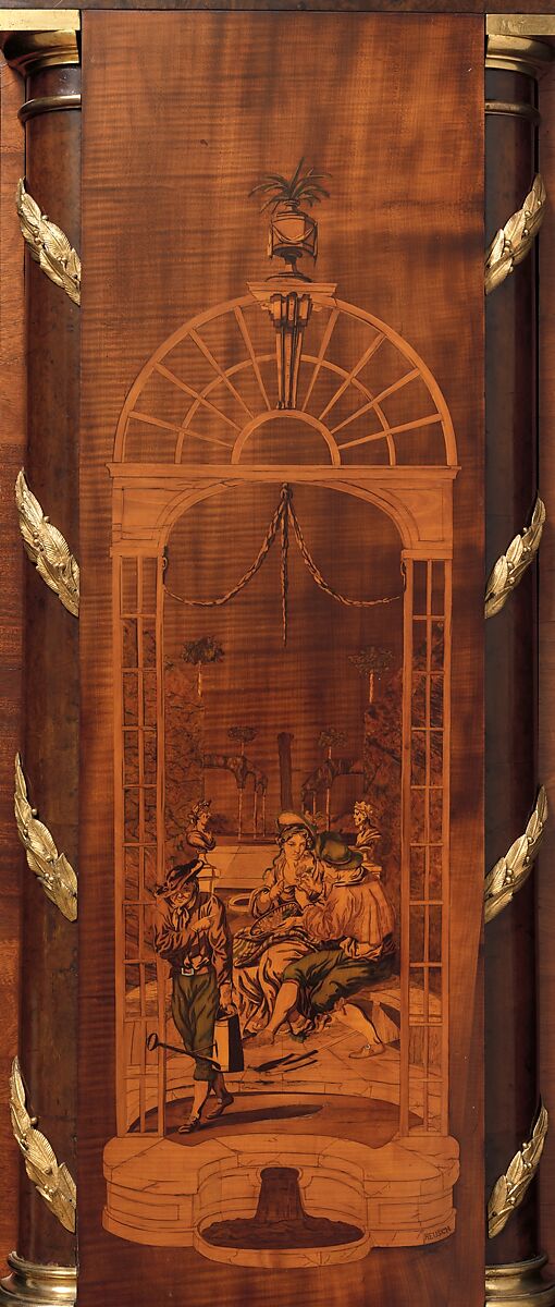 Longcase clock, Clockmaker: Hermann Achenbach (German, born 1730, active before 1759–92), Case: oak veneered with maple, burl woods, holly, and hornbeam (all partly stained), and other woods; mother-of-pearl; gilded bronze; and brass; Dial: partly gilded and partly silvered brass and enameled and painted copper; Movement: brass and steel, German, Neuwied am Rhein