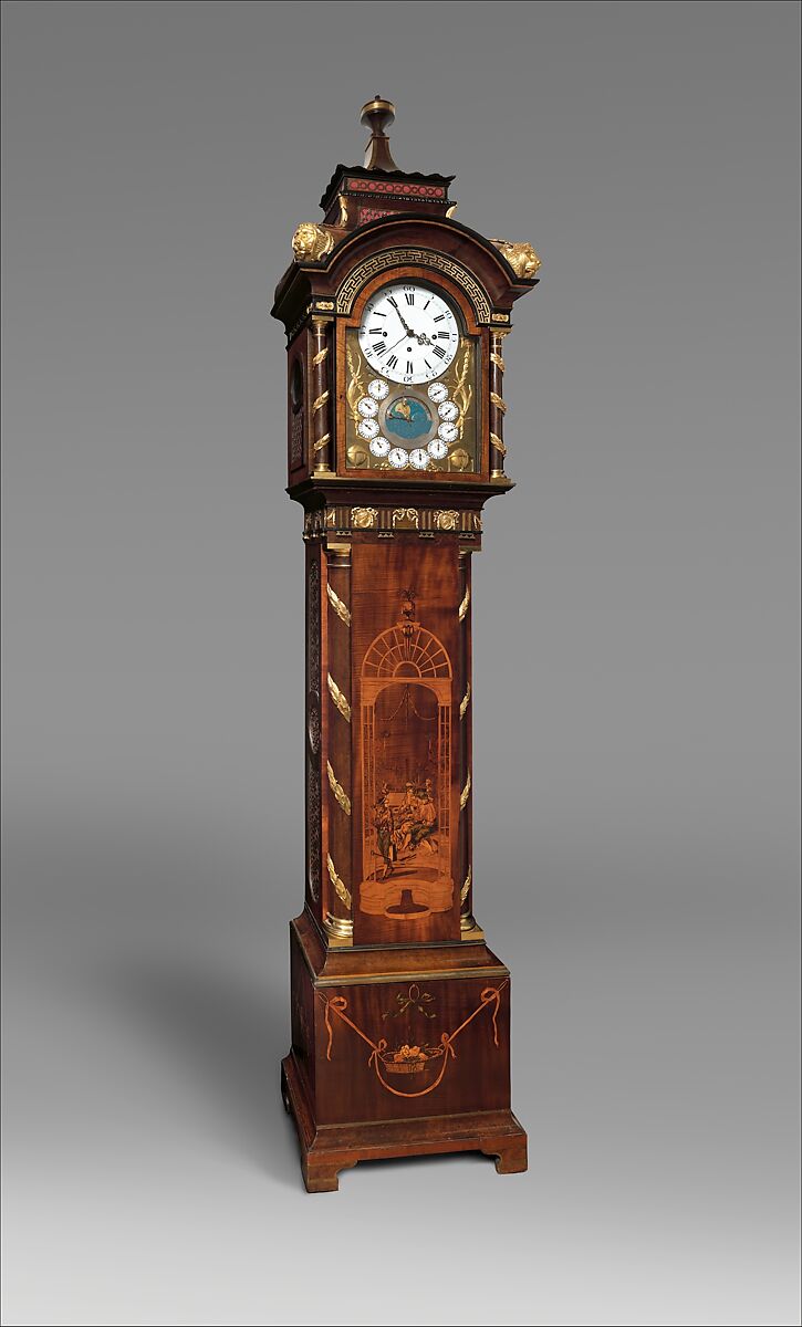 Longcase clock, Hermann Achenbach  German, Case: oak veneered with maple, burl woods, holly, and hornbeam (all partly stained), and other woods; mother-of-pearl; gilded bronze; and brass; Dial: partly gilded and partly silvered brass and enameled and painted copper; Movement: brass and steel, German, Neuwied am Rhein