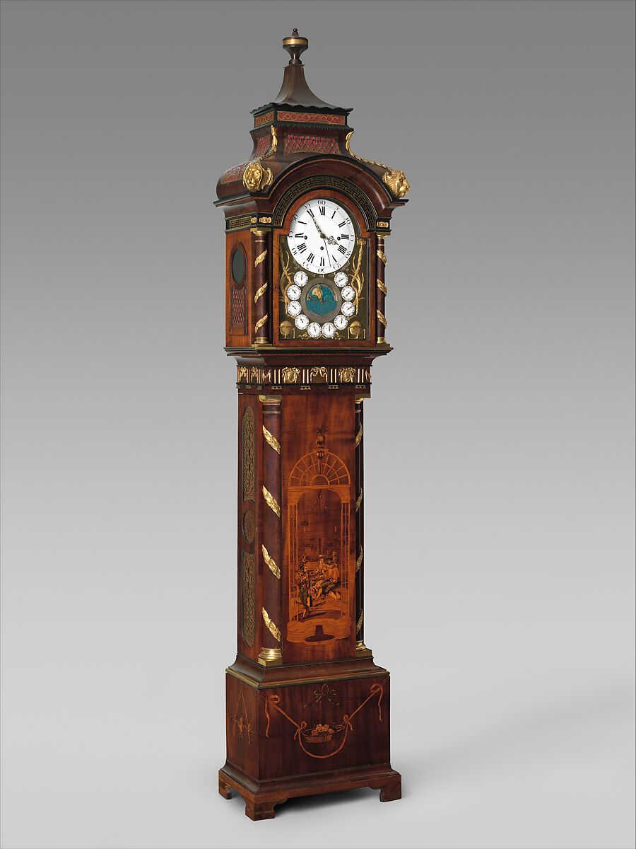 Longcase clock, Clockmaker: Hermann Achenbach (German, born 1730, active before 1759–92), Case: oak veneered with maple, burl woods, holly, and hornbeam (all partly stained), and other woods; mother-of-pearl; gilded bronze; and brass; Dial: partly gilded and partly silvered brass and enameled and painted copper; Movement: brass and steel, German, Neuwied am Rhein