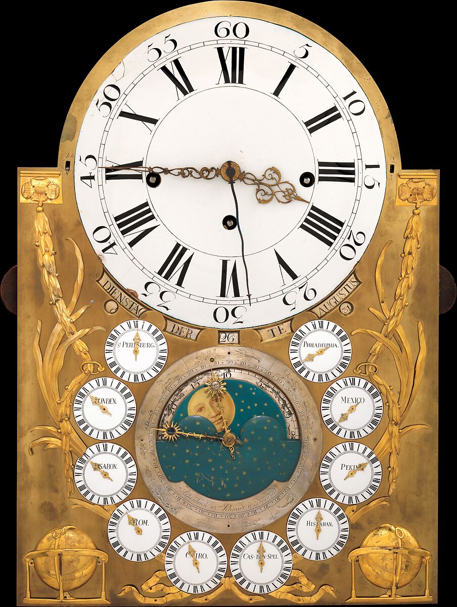 Longcase clock, Clockmaker: Hermann Achenbach (German, born 1730, active before 1759–92), Case: oak veneered with maple, burl woods, holly, and hornbeam (all partly stained), and other woods; mother-of-pearl; gilded bronze; and brass; Dial: partly gilded and partly silvered brass and enameled and painted copper; Movement: brass and steel, German, Neuwied am Rhein