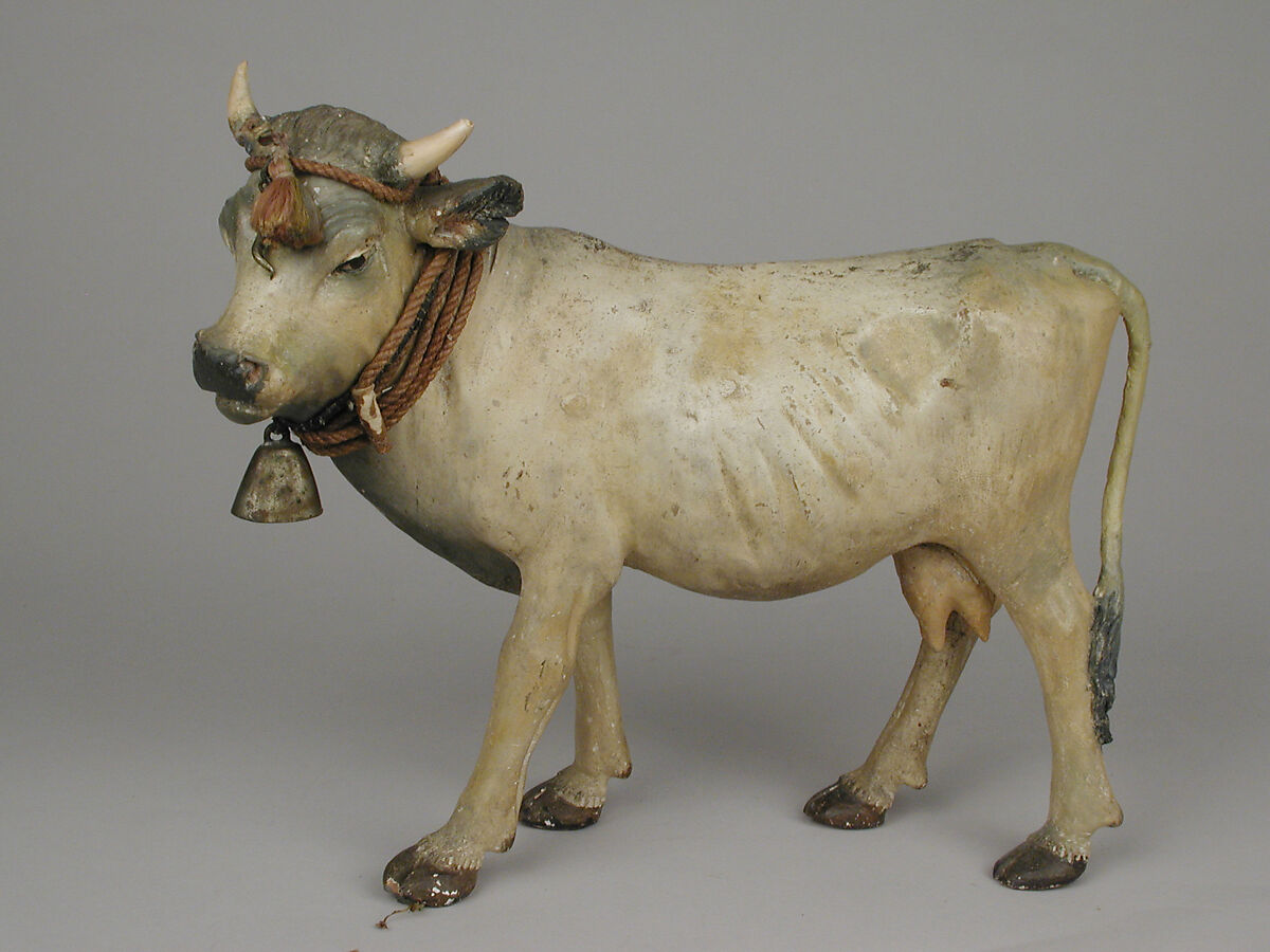 Standing cow, Polychromed terracotta, twine, brass bell, Italian, Naples 