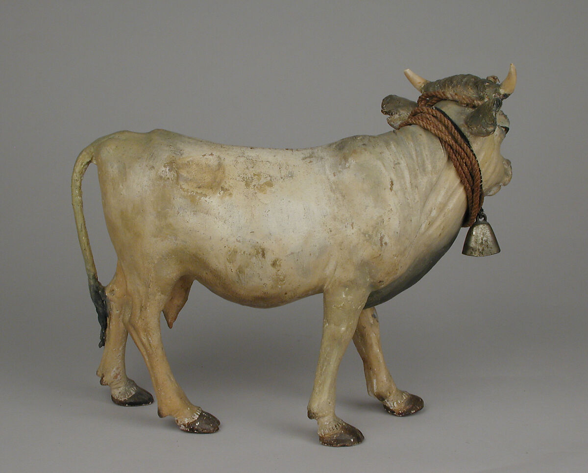 Standing cow, Polychromed terracotta, twine, brass bell, Italian, Naples