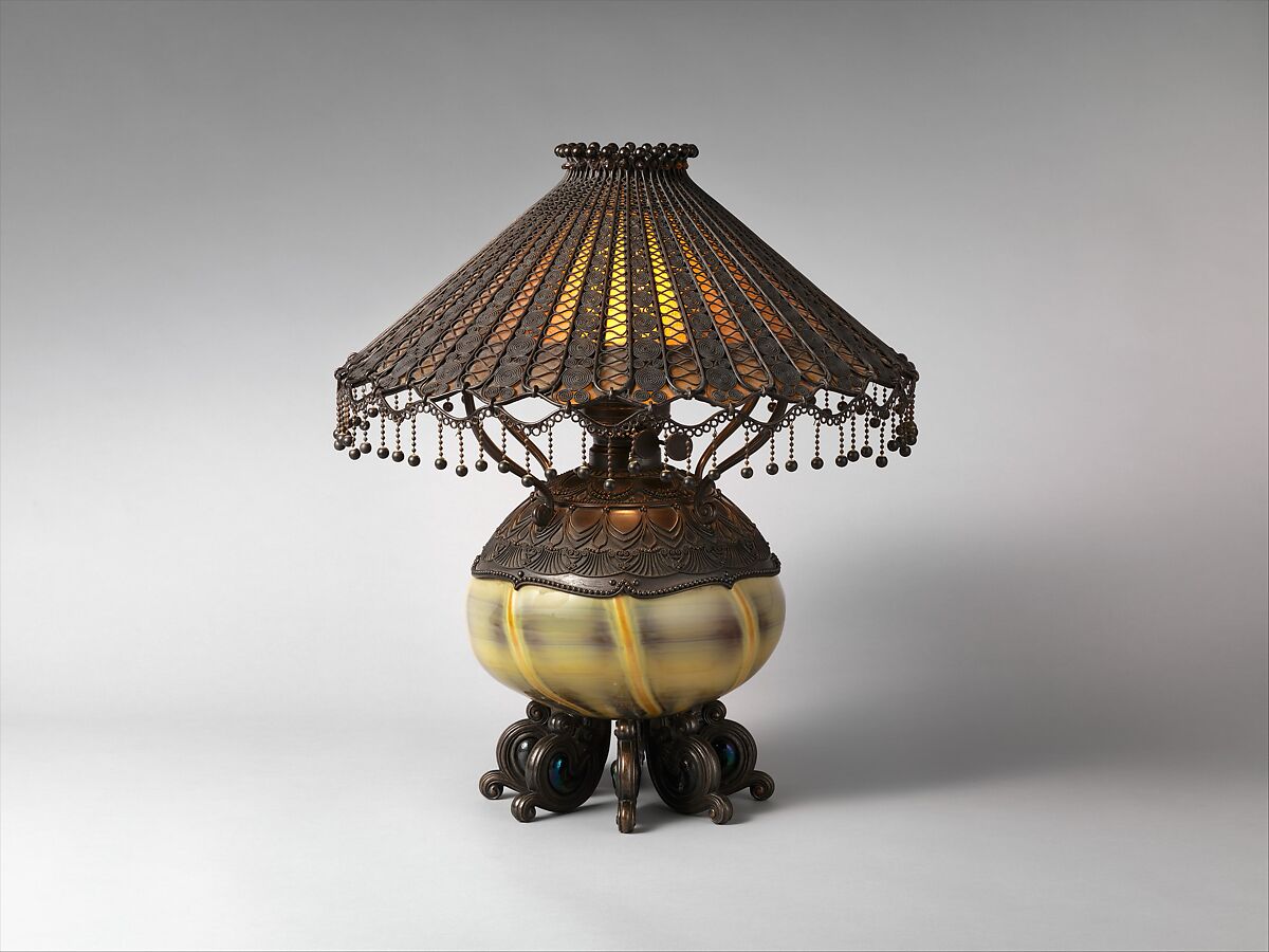 Table lamp, Tiffany Studios (1902–32), Leaded Favrile glass and patinated bronze, American 
