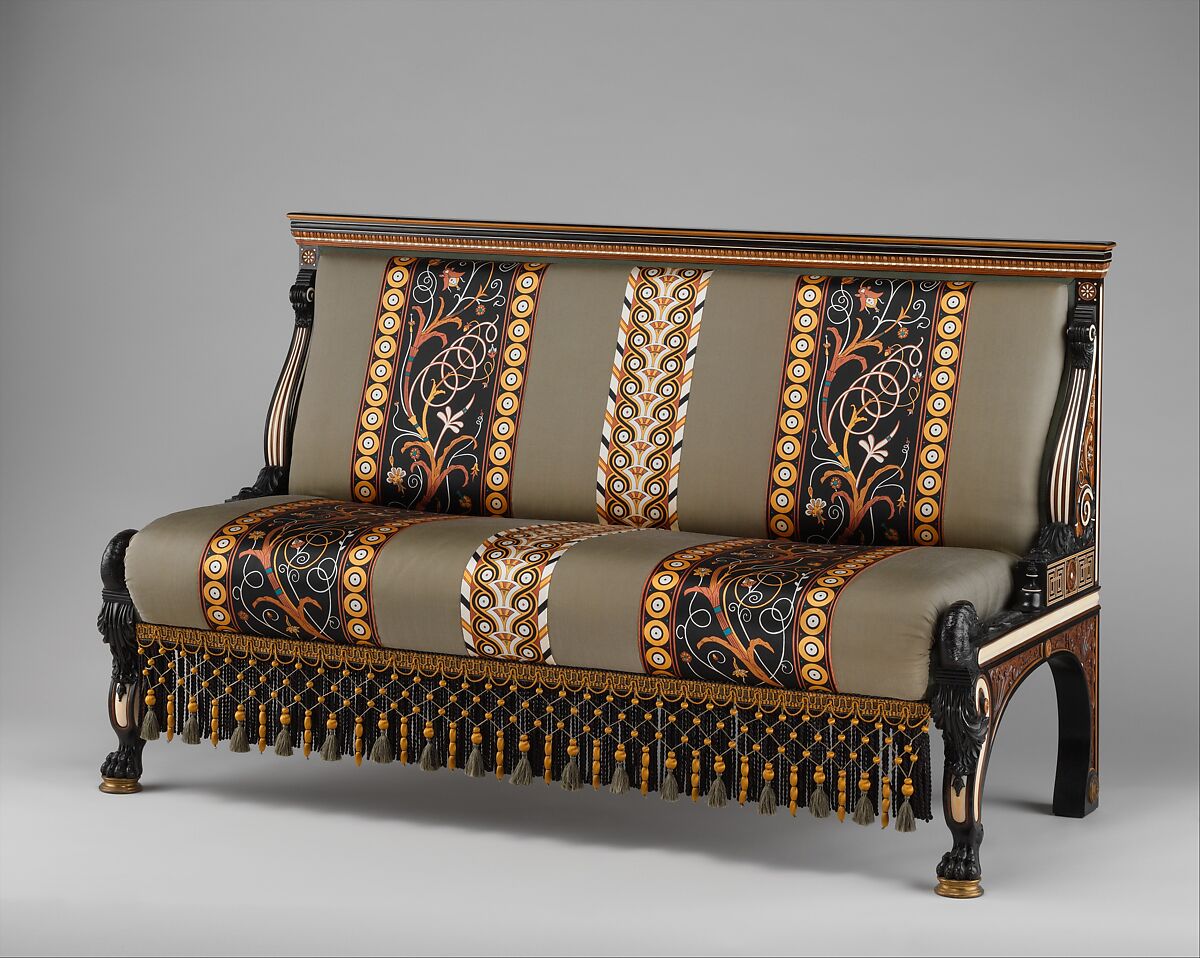 Settee, Designed by Sir Lawrence Alma-Tadema (British (born The Netherlands), Dronrijp 1836–1912 Wiesbaden), Ebony, box and sandalwood, cedar, ivory inlay, incrustations of mother-of-pearl and brass, British, London 