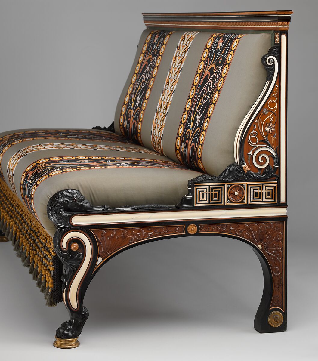 Settee, Designed by Sir Lawrence Alma-Tadema (British (born The Netherlands), Dronrijp 1836–1912 Wiesbaden), Ebony, box and sandalwood, cedar, ivory inlay, incrustations of mother-of-pearl and brass, British, London