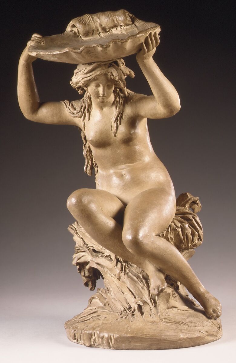 Naiad Supporting a Shell on her Head, Joseph-Charles Marin (French, Paris 1759–1834 Paris), Pale buff terracotta coated with a brownish-yellow varnish, French, Paris 