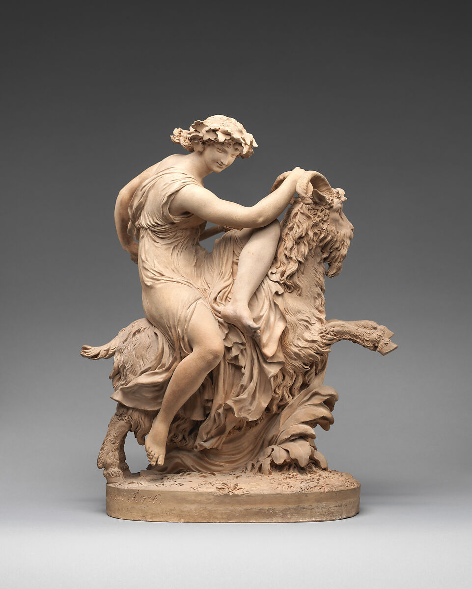 Bacchante Riding a Goat, Philippe Laurent Roland (French, Pont-à-Marc 1746–1816 Paris), Pale buff terracotta, French, Paris 