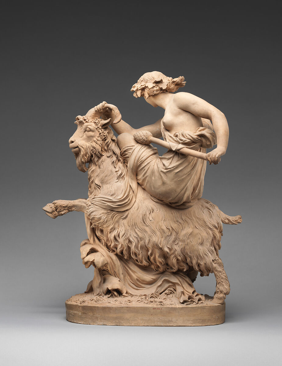 Bacchante Riding a Goat, Philippe Laurent Roland (French, Pont-à-Marc 1746–1816 Paris), Pale buff terracotta, French, Paris