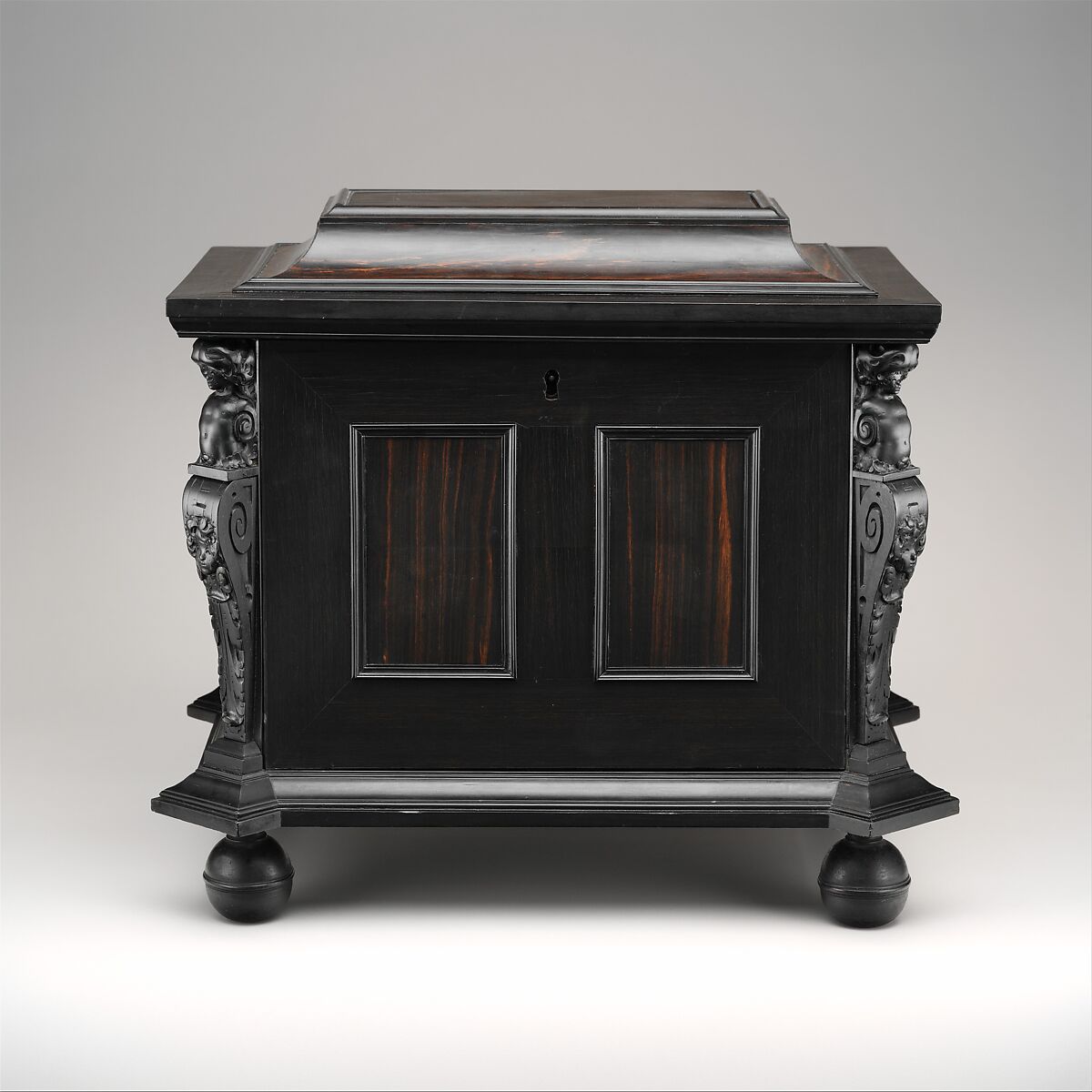 Coffer, Pine veneered with ebony and macassar ebony; padauk wood; painted alabaster; ivory; mirror glass, Dutch