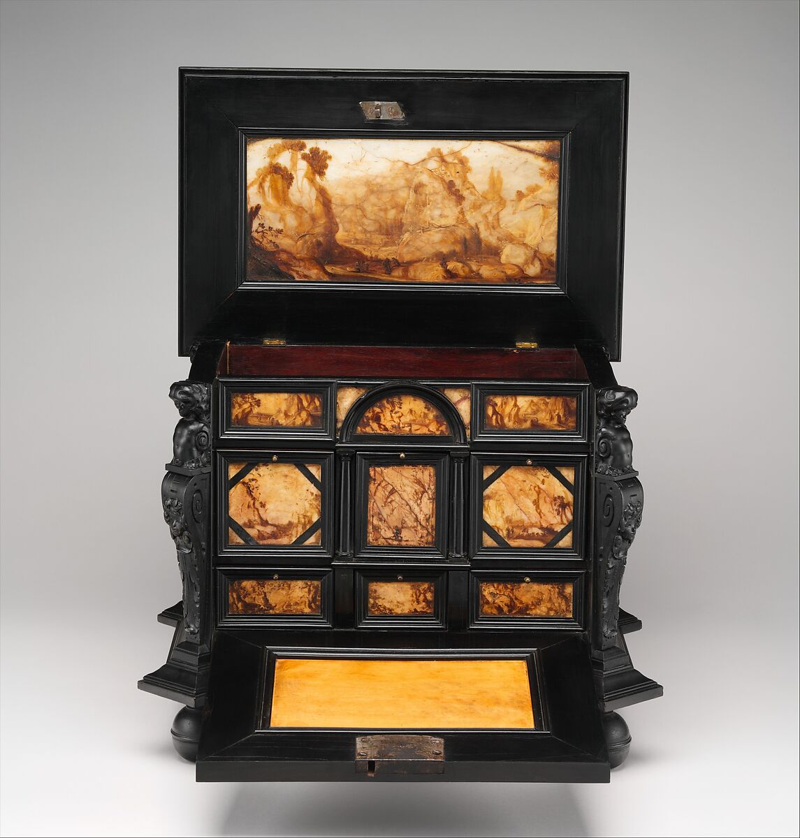 Coffer, Pine veneered with ebony and macassar ebony; padauk wood; painted alabaster; ivory; mirror glass, Dutch