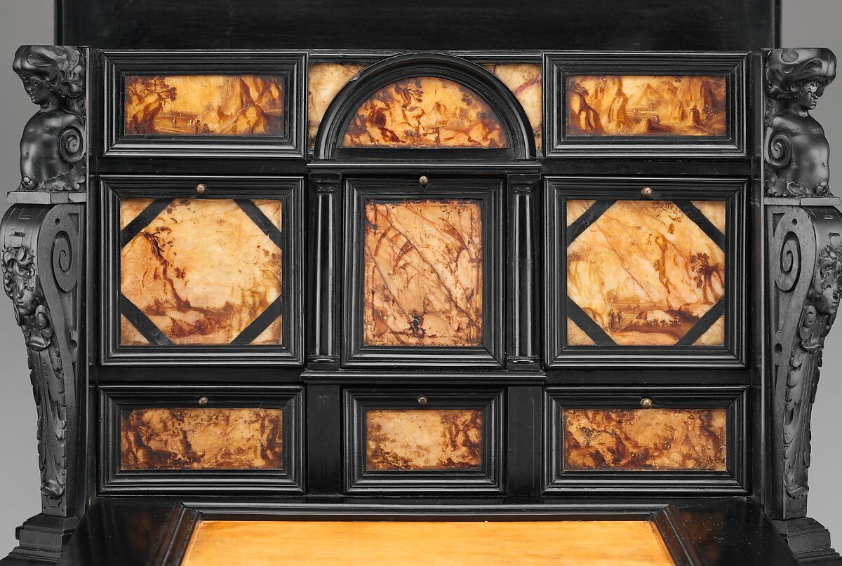 Coffer, Pine veneered with ebony and macassar ebony; padauk wood; painted alabaster; ivory; mirror glass, Dutch