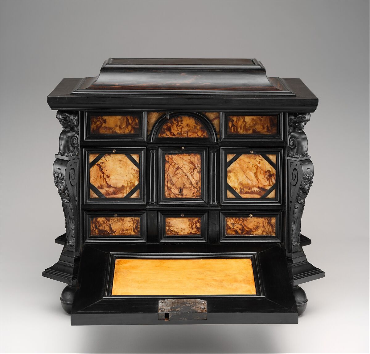 Coffer, Pine veneered with ebony and macassar ebony; padauk wood; painted alabaster; ivory; mirror glass, Dutch