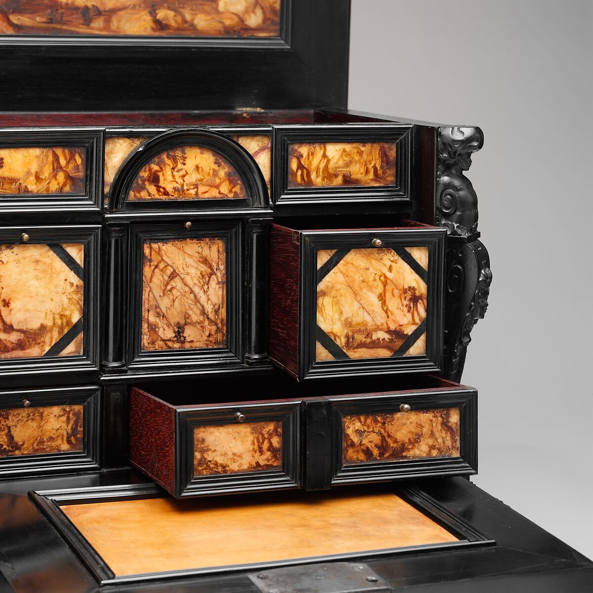 Coffer, Pine veneered with ebony and macassar ebony; padauk wood; painted alabaster; ivory; mirror glass, Dutch