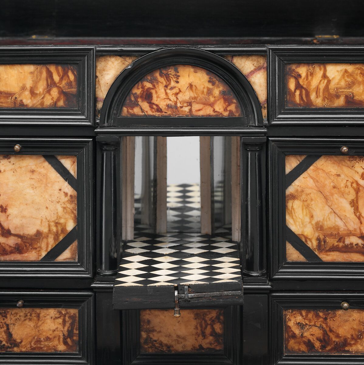 Coffer, Pine veneered with ebony and macassar ebony; padauk wood; painted alabaster; ivory; mirror glass, Dutch