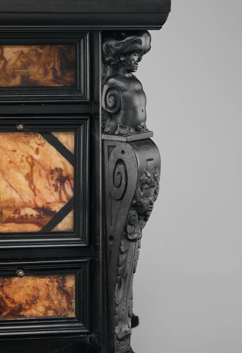 Coffer, Pine veneered with ebony and macassar ebony; padauk wood; painted alabaster; ivory; mirror glass, Dutch