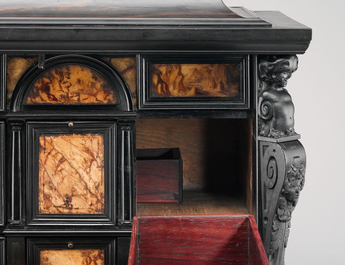 Coffer, Pine veneered with ebony and macassar ebony; padauk wood; painted alabaster; ivory; mirror glass, Dutch