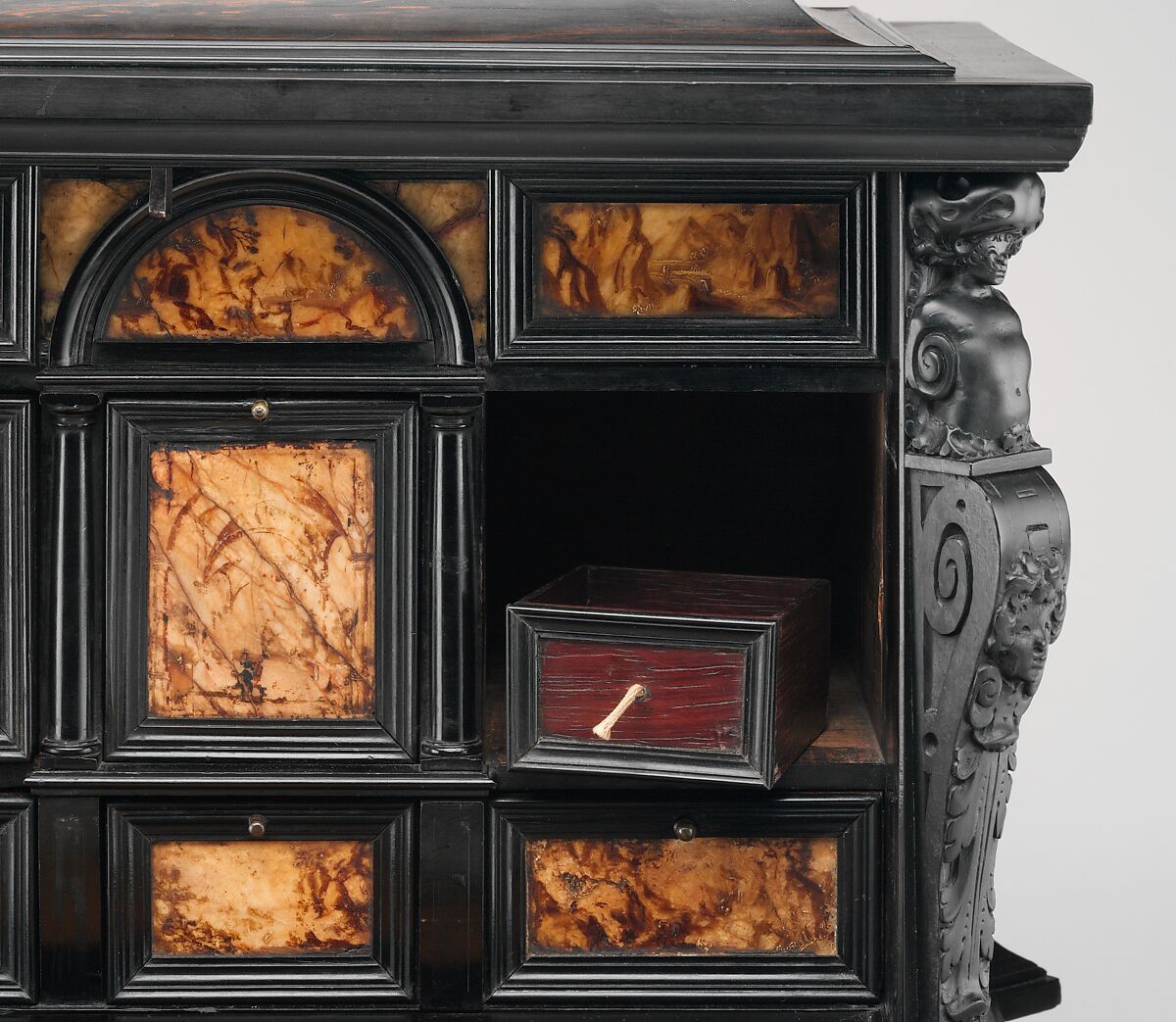 Coffer, Pine veneered with ebony and macassar ebony; padauk wood; painted alabaster; ivory; mirror glass, Dutch