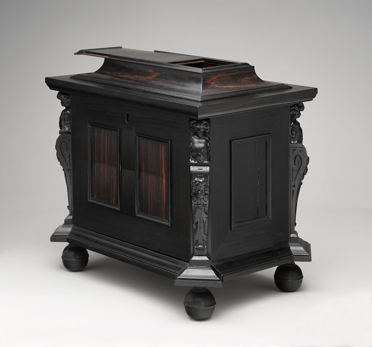 Coffer, Pine veneered with ebony and macassar ebony; padauk wood; painted alabaster; ivory; mirror glass, Dutch